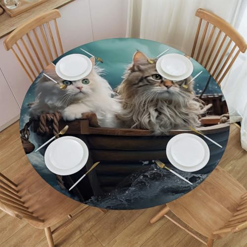 Mexpekil Runde Tischdecke, wasserdicht, abwischbar, mit elastischem Rand, lustige nautische Katzen, Tier, runder Tischschutz für Küche, Esstisch, Größe S, 101,6 - 111,8 cm von Mexpekil