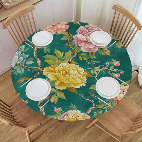 Mexpekil Runde Tischdecke, wasserdicht, abwischbar, mit elastischem Rand, rosa und gelbe Pfingstrosen, runder Tischschutz für Küche, Esstisch, S, 101,6 - 111,8 cm von Mexpekil