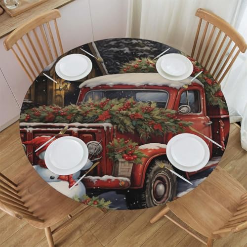 Mexpekil Runde Tischdecken, Weihnachtsschneemann, roter LKW, elastische Kanten, runde Tischdecke, abwischbar, ölbeständig, Outdoor-Tischdecke für Küche, Esstisch, 101,6 - 111,8 cm im Durchmesser von Mexpekil