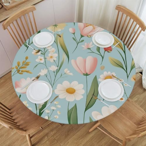 Mexpekil Runde Tischdecken, blaue Wildblumen, elastische Kanten, runde Tischdecke, abwischbar, ölbeständig, Outdoor-Tischdecke für Küche, Esstisch, 101,6-111,8 cm im Durchmesser von Mexpekil