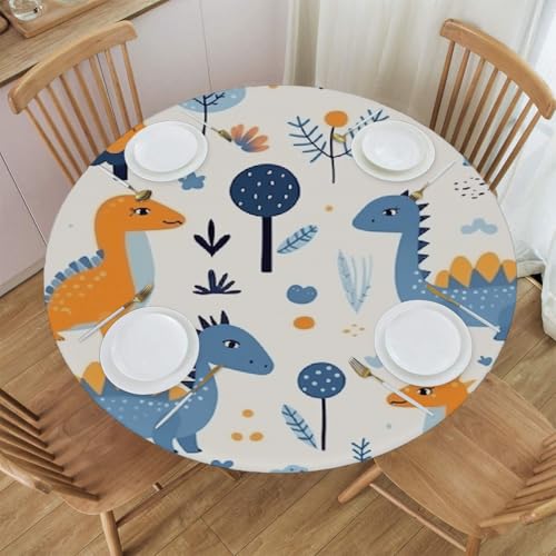 Mexpekil Runde Tischdecken, niedlicher Dinosaurier, elastische Kanten, runde Tischdecke, abwischbar, ölbeständig, Outdoor-Tischdecke für Küche, Esstisch, 101,6-111,8 cm im Durchmesser von Mexpekil