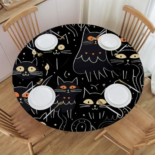 Mexpekil Runde Tischdecken, schwarze Katzen, elastische Kanten, runde Tischdecke, abwischbar, ölbeständig, Outdoor-Tischdecke für Küche, Esstisch, 101,6-111,8 cm im Durchmesser von Mexpekil
