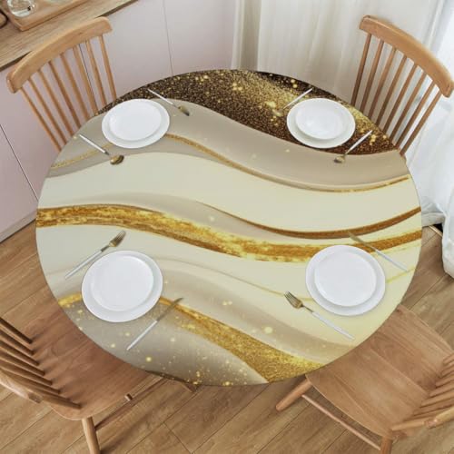 Mexpekil Runde Tischdecken, weiße und goldene Linie, gewellt, elastische Kanten, runde Tischdecke, abwischbar, ölbeständig, Outdoor-Tischdecke für Küche, Esstisch, 101,6-111,8 cm im Durchmesser von Mexpekil