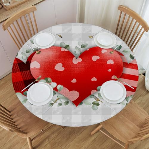 Mexpekil Runde Tischdeckenbezüge, rotes Herz, kariert, runde Tischdecke, elastisch, wasserdicht, Tischdecke für drinnen und draußen, Küche, Garten, Esszimmer, Größe M von Mexpekil