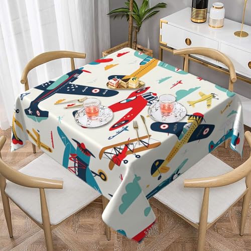 Mexpekil Tischdecke, Motiv: Cartoon, bunt, Flugzeug, quadratisch, 140 x 140 cm, waschbar, schmutzabweisend, dekorative Tischdecke für Esszimmerpartys von Mexpekil