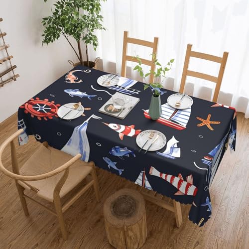 Mexpekil Tischdecke, Motiv: Leuchtturm, Boot, Fisch, 137 x 183 cm, abwischbar, wasserdicht, schmutzabweisend, Tischschutz, Dekoration, rechteckige Tischdecke für drinnen und draußen von Mexpekil