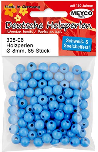 85 Holzperlen, ø 8mm -hellblau- schweiß- und speichelfest von Meyco