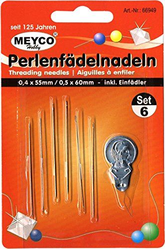 Perlenfädelnadeln, 6er-Set - Perlen Fädelnadeln 0,4x55mm und 0,5x60mm inkl Einfädler von Meyco