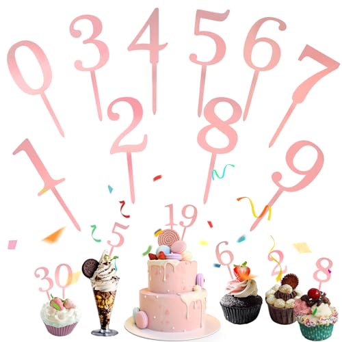 Mezrkuwr 10 Stück Nummer Cake Topper Zahlen 0-9 Geburtstag Tortendeko Kuchenstecker Cupcake, Acrylmaterial Geeignet für Geburtstagsfeiern Jeden Alters (Roségold) von Mezrkuwr
