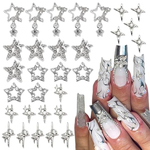 Mezrkuwr 30 Stück silberne Stern Nagel Charms, glänzende 3D-Sterne, Nagel Edelsteine, Y2K Charms, Dekoration, Metall-Nagelzubehör, Sternenlicht-Nagelschmuck Mezrkuwr 30 Stück silberne Stern Nagel Charms, glänzende 3D-Sterne, Nagel Edelsteine, Y2K Charms, Dekoration, Metall-Nagelzubehör, Sternenlicht-Nagelschmuck von Mezrkuwr