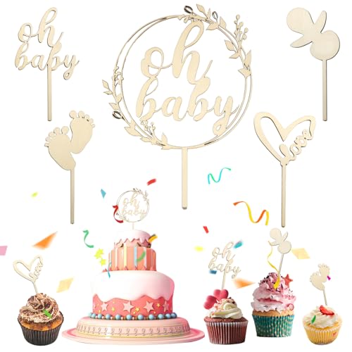 Mezrkuwr 5 Stück Oh Baby Cake Topper Holz, Gender Reveal Partydeko, Kindertaufe Tortenaufsatz, Babyparty Shower Deko von Mezrkuwr