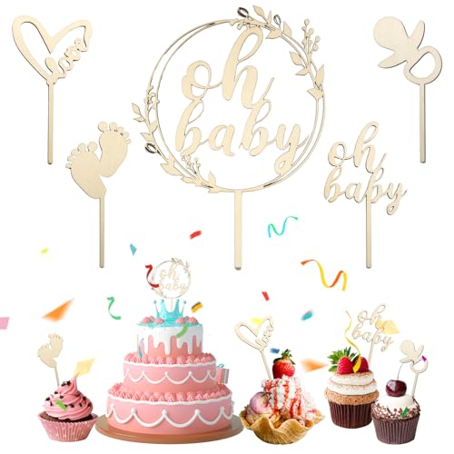 Mezrkuwr 5 Stück Oh Baby Cake Topper Holz, Oh Baby Tortendeko für Babyparty Baby Shower Deko, Kindertaufe schmücken Tortenaufsatz aus, Gender Reveal Partydeko, Gelb von Mezrkuwr
