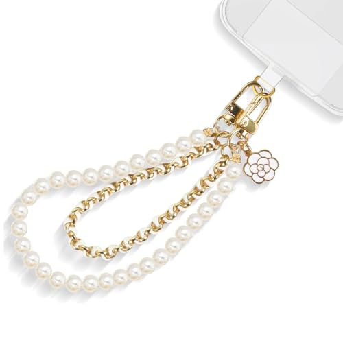Mezrkuwr Handy-Armband, weiße Perlen, Leder, Doppelkette, Handy-Charm, freihändiges Armband, Handy-Kette Abnehmbares Handy-Lanyard Schlüsselband für Damen von Mezrkuwr