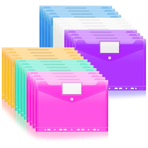 Dokumententasche A4, Mezzar 24 Pcs Dokumentenmappe A4 Transparent, Sammelmappe mit 11 Lochrand Knöpfen und Etikettentasche Sichttasche Klassenzimmer Dokumenten zum Abheften (Farbe) von Mezzar