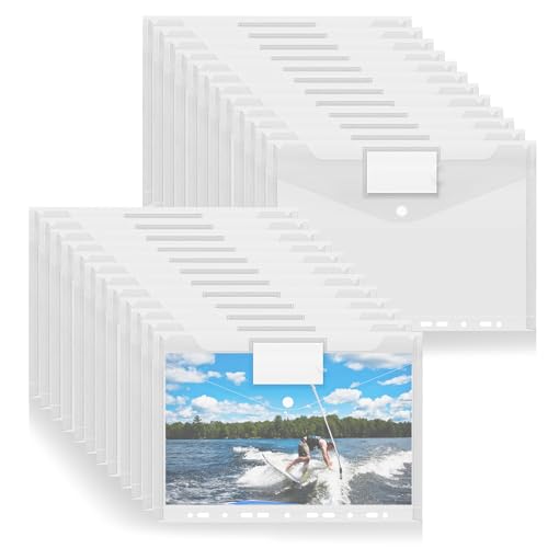 Dokumententasche A4, Mezzar 24 Pcs Dokumentenmappe Transparent, Sammelmappe mit 11 Lochrand Knöpfen und Etikettentasche Sichttasche Klassenzimmer Dokumenten zum Abheften (Transparent) von Mezzar