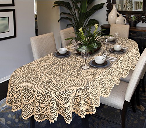 Spitze Große Tischdecke oval oder rund weiß oder beige Premium Qualität, beige, 140cm x 240cm (55" x 95") Oval von MforStyle