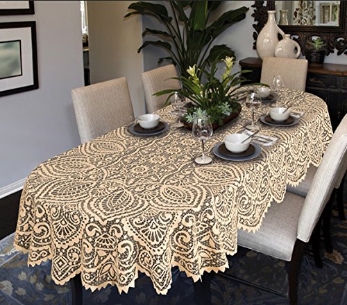 Große Tischdecke mit Spitze, oval oder rund, Weiß oder Beige, hochwertig, beige, 63" (160cm) Round von MforStyle