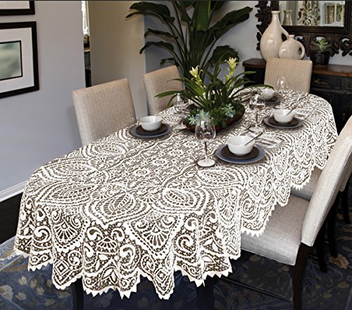 MforStyle Große Tischdecke mit Spitze, oval oder rund, Weiß oder Beige, hochwertig, weiß, 140cm x 290cm (55" x 114") Oval von MforStyle