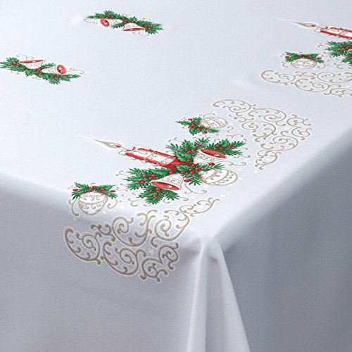 Weihnachts-Tischdecke weiß mit Weihnachtskerzen-Motiv in rot, gold und grün, rechteckig., Polyester, weiß, 43" x 59" (110cm x 150cm) von MforStyle