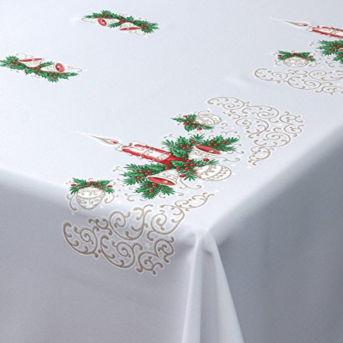 MforStyle Weihnachts-Tischdecke weiß mit Weihnachtskerzen-Motiv in rot, Gold und grün, rechteckig., Polyester, weiß, 57" x 87" (145cm x 220cm) von MforStyle