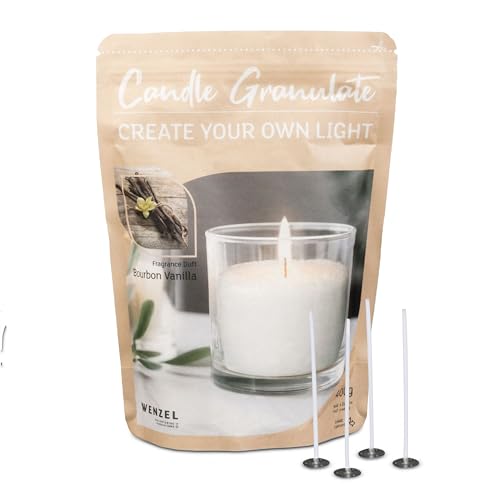 Kerzensand Bourbon Vanille Kerzen Granulat 400g - Weißes Paraffinwachs für DIY-Kerzen, Inkl. 4 Dochte & Dochthalter, Hochwertiges Kerzenwachs, Ideal für mehrere Wachskerzen, Made in Germany von MiCasa SuCasa