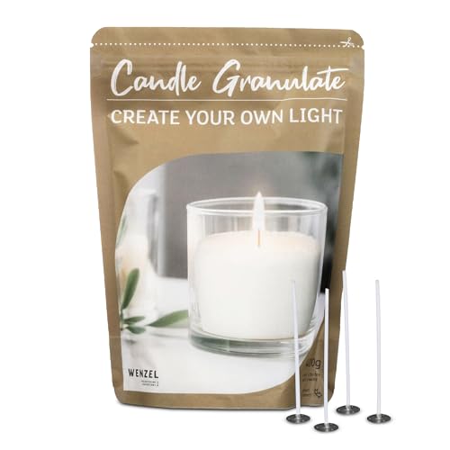 Kerzensand Kerzen Granulat, Ohne Duft 400g - Weißes Paraffinwachs für DIY Candles, Inkl. 4 Dochte & Dochthalter, Hochwertiges Kerzenwachs, Ideal für mehrere Kerzenkreationen, Made in Germany von MiCasa SuCasa