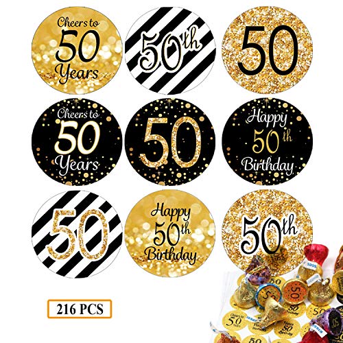 216Pcs 50.Geburtstag Aufkleber Geburtstag Sticker Jubiläum Deko Aufkleber Schwarzes und Gold Geschenk-Verpackung Gastgeschenk Hochzeit Mitgebsel für Gäste Geburtstag Fest Etiketten (50th) von MiDube