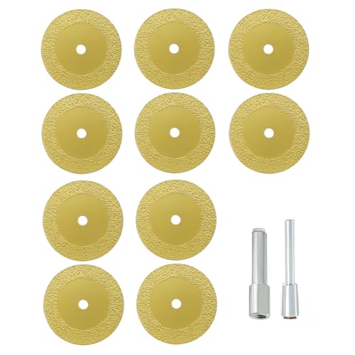 MiJunHD 40mm Diamant Brazed Trennscheiben Set, 10 Stk Cutting Discs & 1 Stk 6mm Schaft & 1 Stk M10 Gewinde Dorn für Reinigen Fliesenfugen & Trennen Glas, Marmor, Kunststoff und Jade (Gold) von MiJunHD