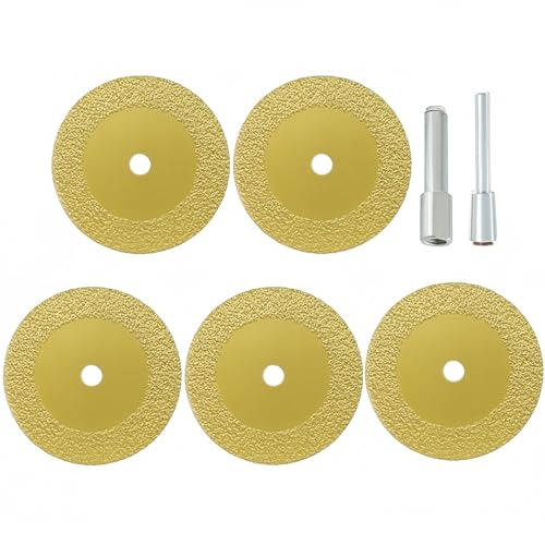 MiJunHD 40mm Diamant Brazed Trennscheiben Set, 5 Stk Cutting Discs & 1 Stk 6mm Schaft & 1 Stk M10 Gewinde Dorn für Reinigen Fliesenfugen & Trennen Glas, Marmor, Kunststoff und Jade (Gold) von MiJunHD