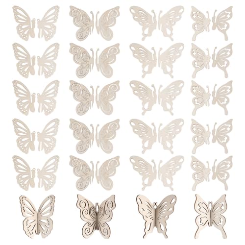 DIY 3D-Holzhandwerk, 24 Stück Schmetterling/Blumen-Holzornamente zum Bemalen für Zuhause, Party, Festivals, Dekorationen (4 Arten) von MiOYOOW