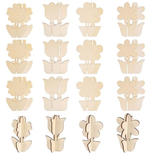 DIY 3D-Holzhandwerk zum Bemalen, 24 Stück Schmetterlings-/Blumen Holzbastelsets, Holzornamente zum Bemalen für Dekorationen Zu Hause, Partys und Festivals (4 Arten) von MiOYOOW