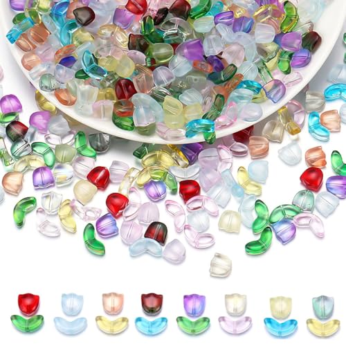 Kristallglasperlen, 200 Stück Blumen- und Blattperlen, Bunte Tulpenanhänger für die Herstellung von DIY-Halsketten, Armbändern und Schmuck Kristallglasperlen, 200 Stück Blumen- und Blattperlen, Bunte Tulpenanhänger für die Herstellung von DIY-Halsketten, Armbändern und Schmuck von MiOYOOW