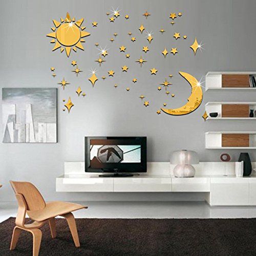 3D-Wandaufkleber, Sonne, Mond und Sterne, Spiegeleffekt, Wandsticker für Kinderzimmer, Goldfarben, 36 Stück 3D-Wandaufkleber, Sonne, Mond und Sterne, Spiegeleffekt, Wandsticker für Kinderzimmer, Goldfarben, 36 Stück von MiYan