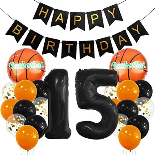 15 Jahr Kindergeburtstag Deko Set Happy Birthday Banner Großes Basketball Luftballon Dekorationen Zahl 15 FolienBallon Orange Schwarz Ballon für Kinder Basketball Themenfeier Party Geburtstagsdeko von MiaLover