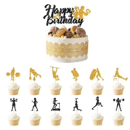 MiaLover 13Pcs Kuchen dekorieren Set GymsThemed Kuchen dekorieren 1 Big Happy Birthday Cupcake und 12 muskulöse Gewichtheben Cake Topper für Geburtstag Party Supplies von MiaLover