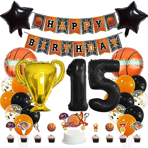 MiaLover 15 Jahr Geburtstag Dekoration Set Happy Birthday Banner Trophäe Folienballon Basketball Luftballon Latexballon Tortendekoration für 15.Geburtstag Basketball Themen Party Deko MiaLover 15 Jahr Geburtstag Dekoration Set Happy Birthday Banner Trophäe Folienballon Basketball Luftballon Latexballon Tortendekoration für 15.Geburtstag Basketball Themen Party Deko von MiaLover