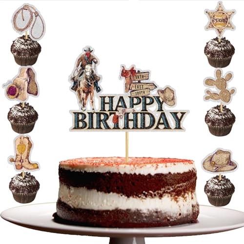 MiaLover 19Pcs Kuchen dekorieren Set Western Cowboy Themed Kuchen dekorieren 1 große Happy Birthday Cupcake und 18 Kuchen Topper für Kinder Junge Mädchen Geburtstag Party Zubehör MiaLover 19Pcs Kuchen dekorieren Set Western Cowboy Themed Kuchen dekorieren 1 große Happy Birthday Cupcake und 18 Kuchen Topper für Kinder Junge Mädchen Geburtstag Party Zubehör von MiaLover