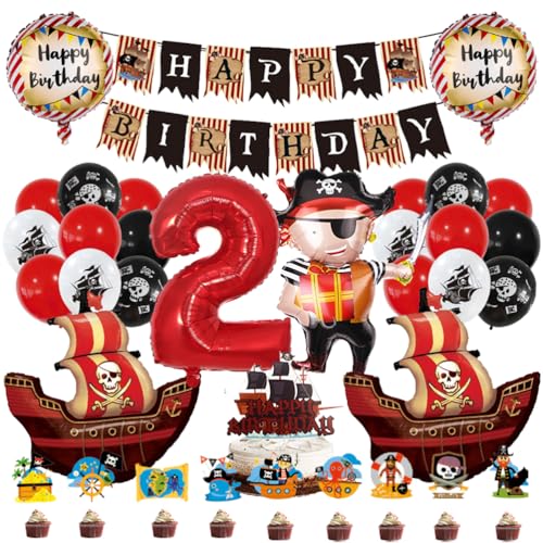 MiaLover 2 Jahr Pirate Geburtstag Dekoration Piratenthema Luftballon Latexballon Tortendekoration Cake topper Happy Birthday Banner für 2.Geburtstag Gothic Party Deko von MiaLover