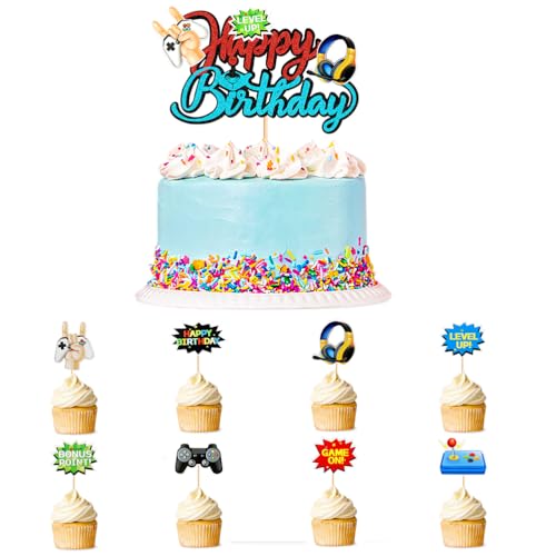 MiaLover 25Pcs Kuchen dekorieren Set Spiel thematisiert Kuchen dekorieren 1 große Happy Birthday Cupcake und 24 Gamepad Headsets Kuchen Topper für Kinder Junge Mädchen Geburtstag Party Supplies von MiaLover