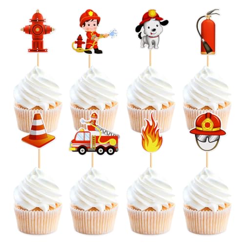 MiaLover 32Pcs Feuerwehrmann Thema Cupcake Toppers Feuerwehrauto Cupcake Feuerwehrmann Tischdekoration für Kinder Junge Geburtstag Party Supplies von MiaLover