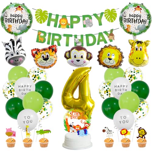 MiaLover 4 Jahre Dschungel Geburtstag Dekoration Set Happy Birthday Banner Safari Wald Tier Latexballon Folienballon Tortendekoration für Deko Junge Mädchen 4. Geburtstag Dschungel Baby Shower MiaLover 4 Jahre Dschungel Geburtstag Dekoration Set Happy Birthday Banner Safari Wald Tier Latexballon Folienballon Tortendekoration für Deko Junge Mädchen 4. Geburtstag Dschungel Baby Shower von MiaLover