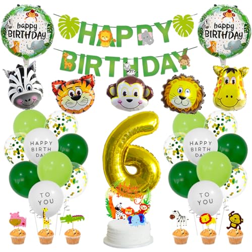 MiaLover 6 Jahre Dschungel Geburtstag Dekoration Set Happy Birthday Banner Safari Wald Tier Latexballon Folienballon Tortendekoration für Deko Junge Mädchen 6. Geburtstag Dschungel Baby Shower von MiaLover