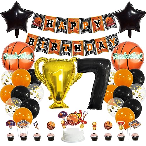 MiaLover 7 Jahr Geburtstag Dekoration Set Happy Birthday Banner Trophäe Folienballon Basketball Luftballon Latexballon Tortendekoration für 7.Geburtstag Basketball Themen Party Deko von MiaLover