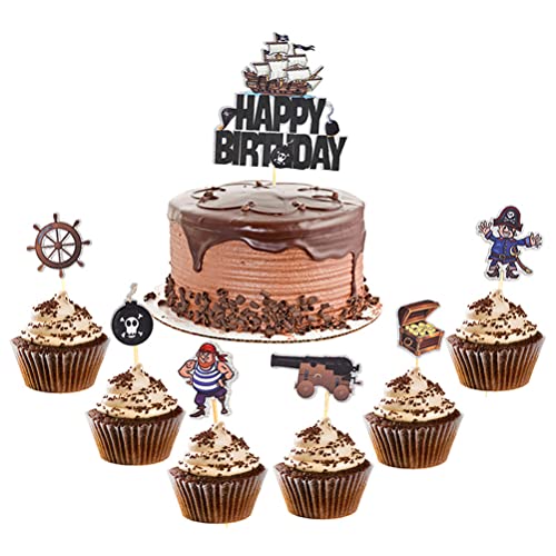 MiaLover 7 Stück Pirate Boot Cake Toppers Piraten Kuchendeckel Happy Birthday Cake Toppers Set Piraten Kuchen Topper Cupcake für Kinder Mädchen Junge Halloween Party Muffin Deko von MiaLover