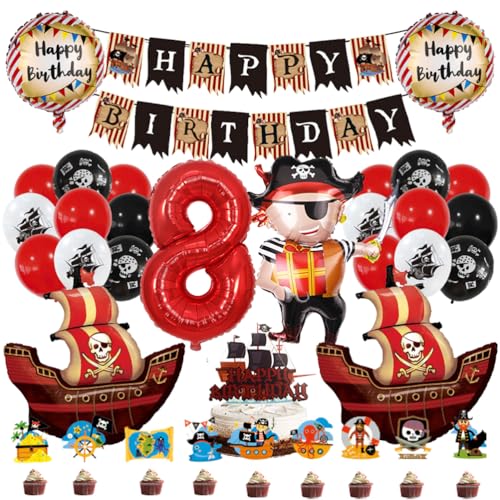 MiaLover 8 Jahr Pirate Geburtstag Dekoration Piratenthema Luftballon Latexballon Tortendekoration Cake topper Happy Birthday Banner für 8.Geburtstag Gothic Party Deko von MiaLover