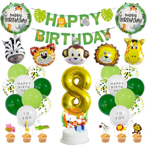 MiaLover 8 Jahre Dschungel Geburtstag Dekoration Set Happy Birthday Banner Safari Wald Tier Latexballon Folienballon Tortendekoration für Deko Junge Mädchen 8. Geburtstag Dschungel Baby Shower von MiaLover