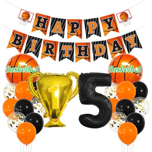 MiaLover Basketball-Thema 5.Geburtstag Dekoration Set Zahl 5 Luftballon 5 Jahr Geburtstag Dekoration Happy Birthday Banner Basketball Folienballon Luftballon Tortendekoration für Party Deko von MiaLover
