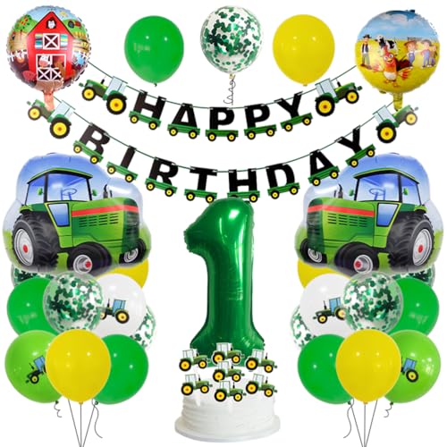 MiaLover Grün 1 Jahre Traktor Geburtstag Deko 1. Geburtstag Junge Trecker Zahlenballon 1 Folienballon Bedruckte Ballons Traktor Tortendekoration für Kindergeburtstag Partyset Dekoration von MiaLover