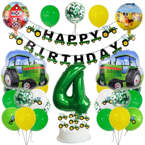 MiaLover Grün 4 Jahre Traktor Geburtstag Deko 4. Geburtstag Junge Trecker Zahlenballon 4 Folienballon Bedruckte Ballons Traktor Tortendekoration für Kindergeburtstag Partyset Dekoration von MiaLover