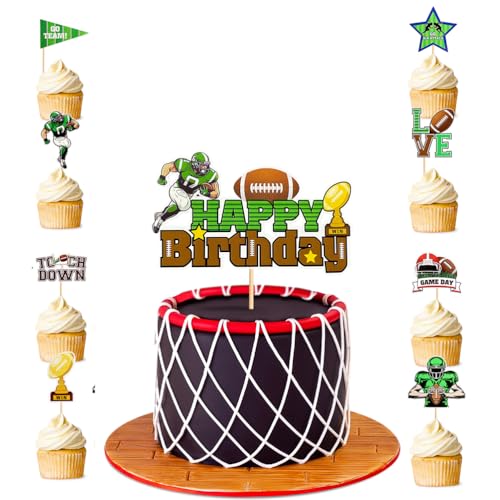 MiaLover Rugby Tortendekoration Kuchendeckel 1 groß Happy Birthday Cake Topper und 24 Stück Rugby-Themen Kuchendeckel Cupcake für Kinder Mädchen Junge Rugby Party Muffin Deko von MiaLover